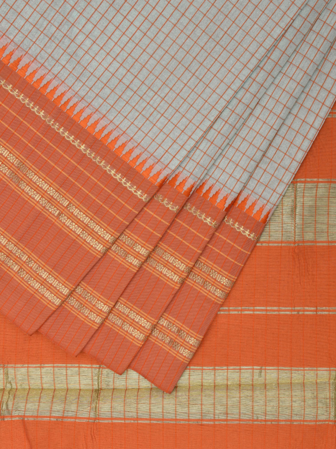 Light Blue and Orange Bamboo Cotton Viscose Silk Saree with Checks Design No Blouse bc0425