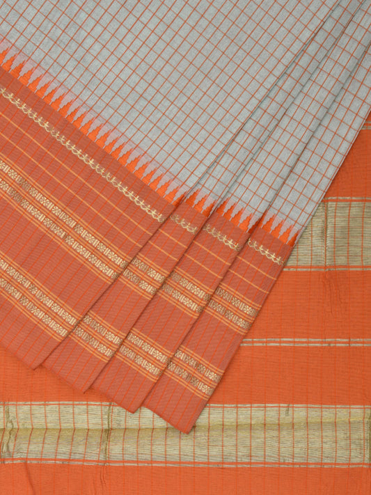 Light Blue and Orange Bamboo Cotton Viscose Silk Saree with Checks Design No Blouse bc0425