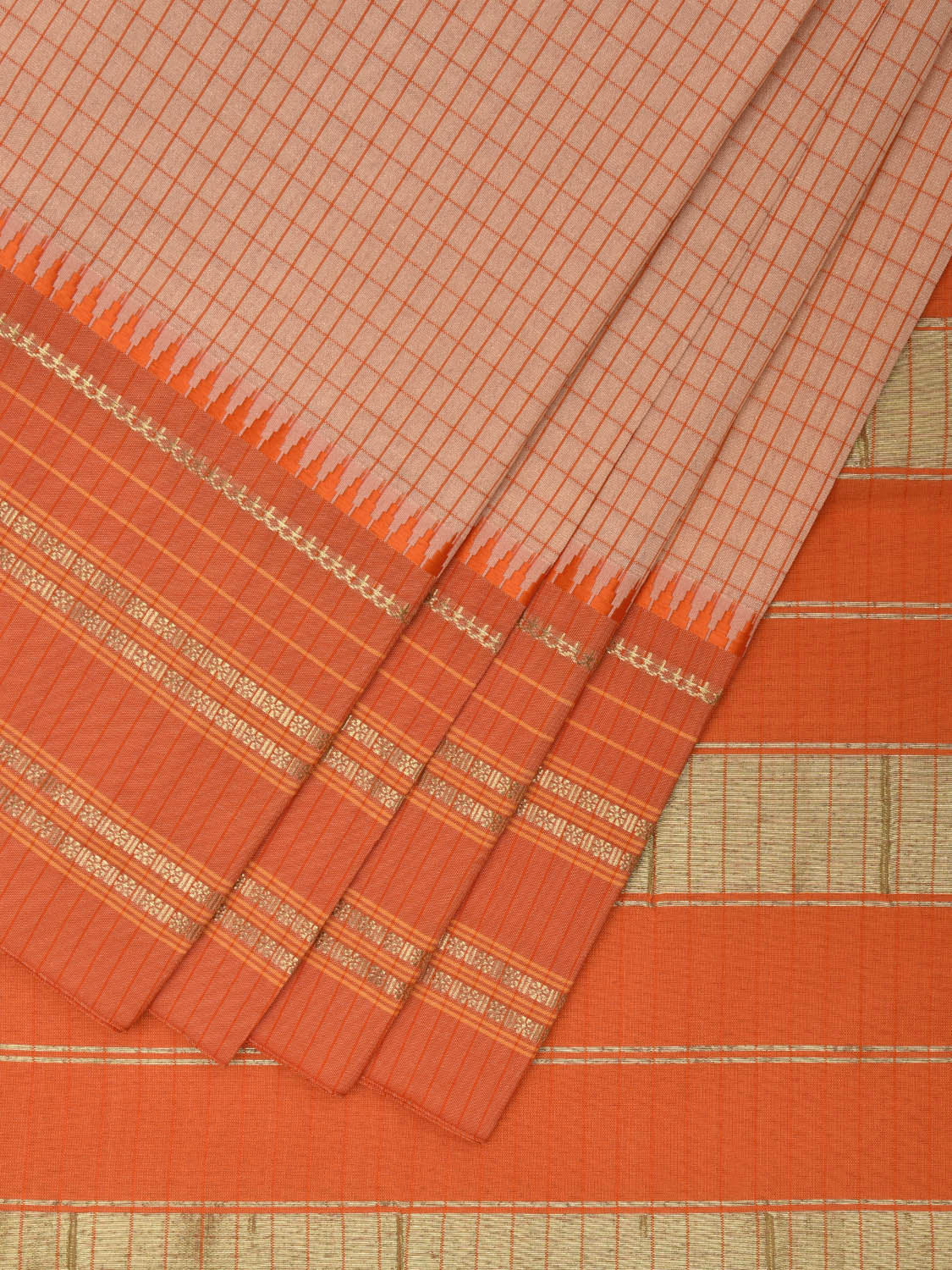 Light Orange and Orange Bamboo Cotton Viscose Silk Saree with Checks Design No Blouse bc0426