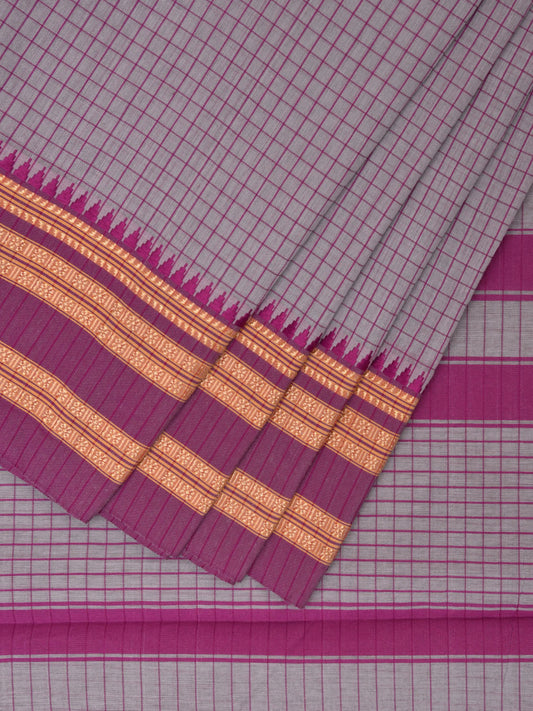 Light Grey and Purple Bamboo Cotton Saree with Checks Design No Blouse bc0427