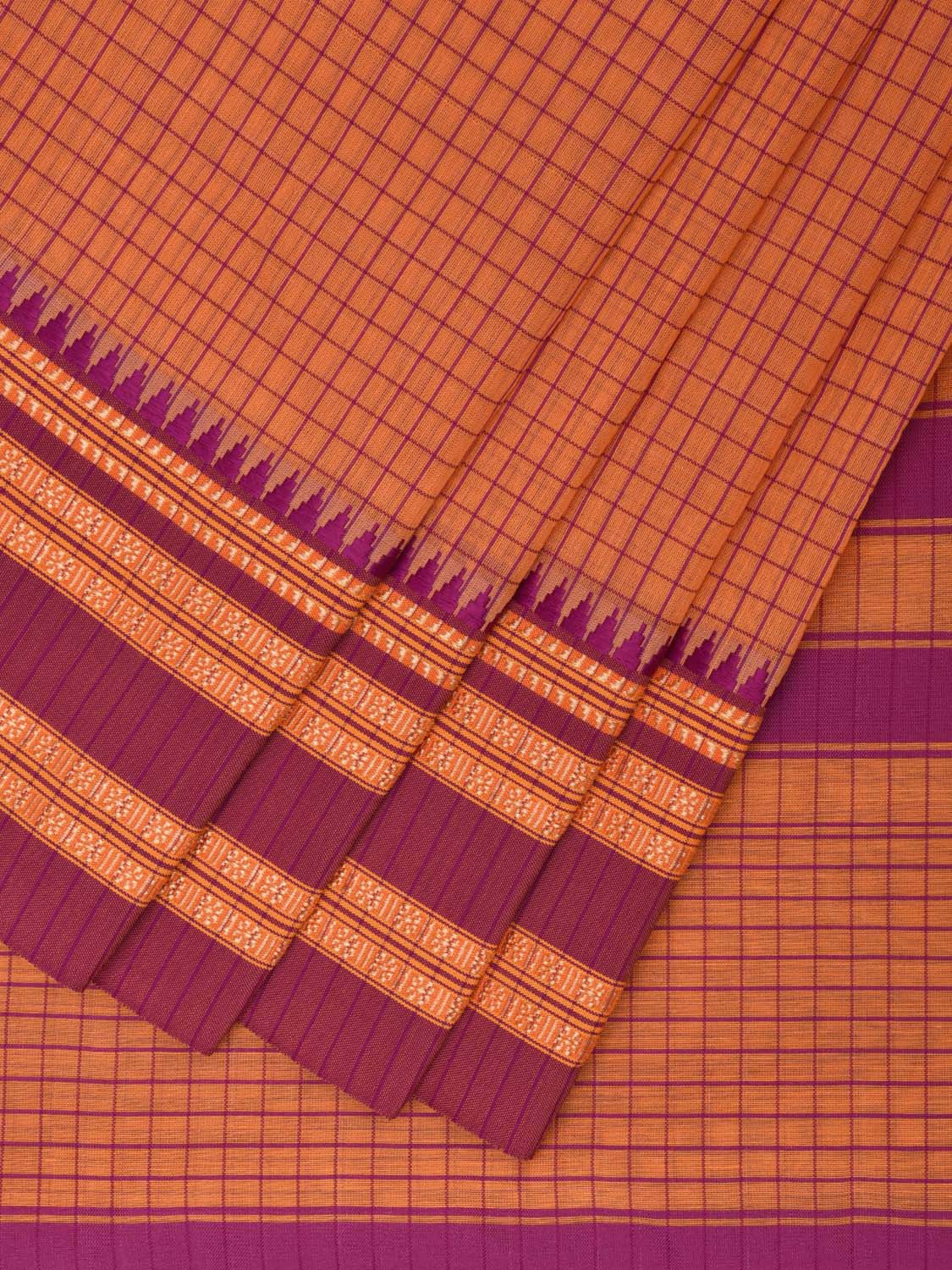 Orange and Purple Bamboo Cotton Saree with Checks Design No Blouse bc0428