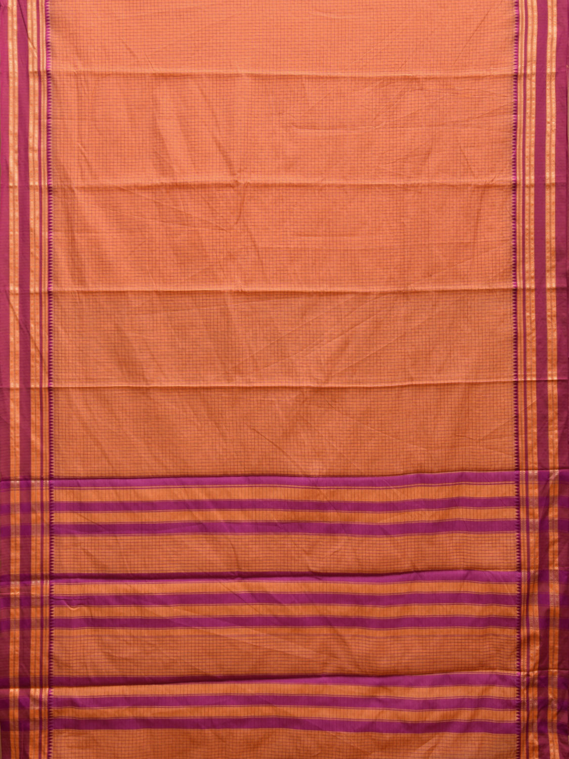 Orange and Purple Bamboo Cotton Saree with Checks Design No Blouse bc0428