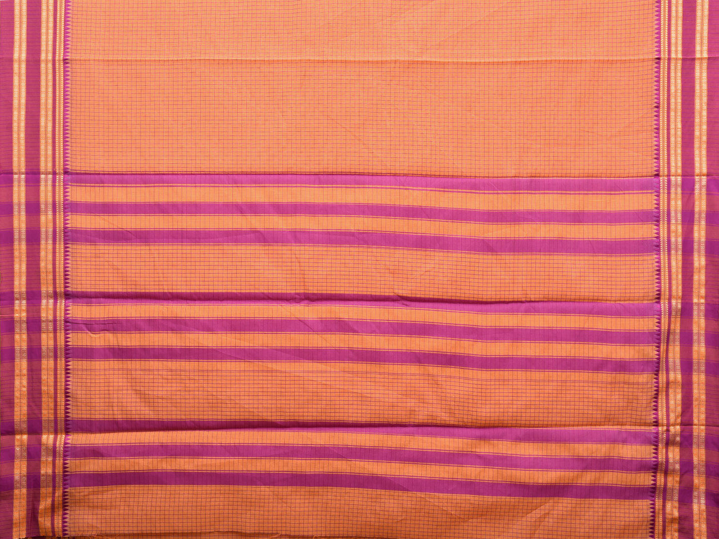Orange and Purple Bamboo Cotton Saree with Checks Design No Blouse bc0428