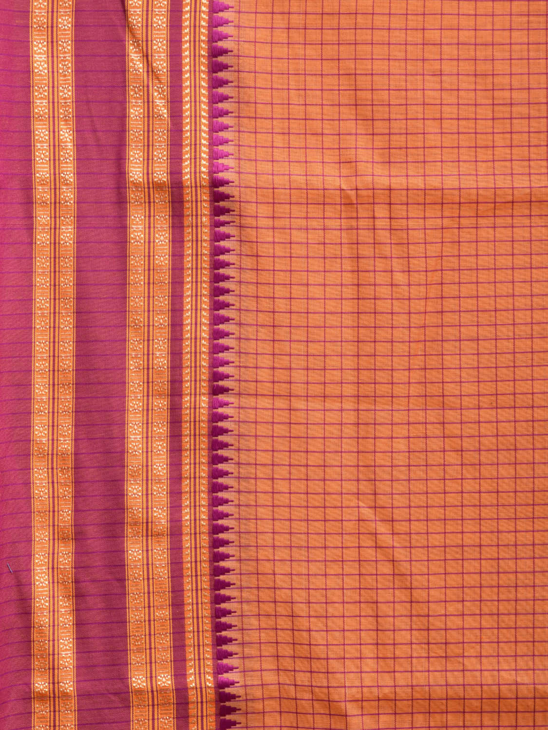 Orange and Purple Bamboo Cotton Saree with Checks Design No Blouse bc0428