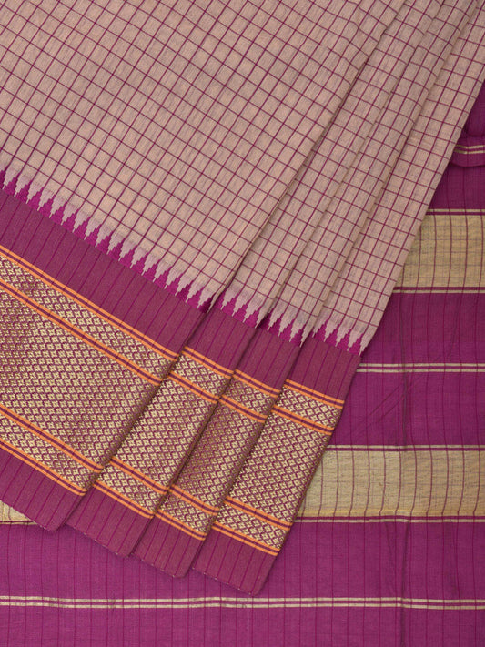 White and Purple Bamboo Cotton Saree with Checks Design No Blouse bc0429