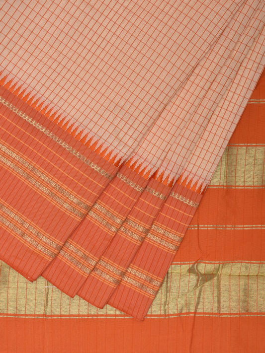 White and Orange Bamboo Cotton Viscose Silk Saree with Checks Design No Blouse bc0430