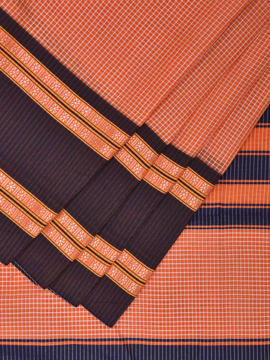 Orange and Dark Blue Bamboo Cotton Saree with Small Checks Design No Blouse bc0431