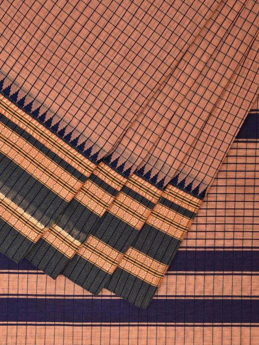 Light Orange and Dark Blue Bamboo Cotton Saree with Checks Design No Blouse bc0433