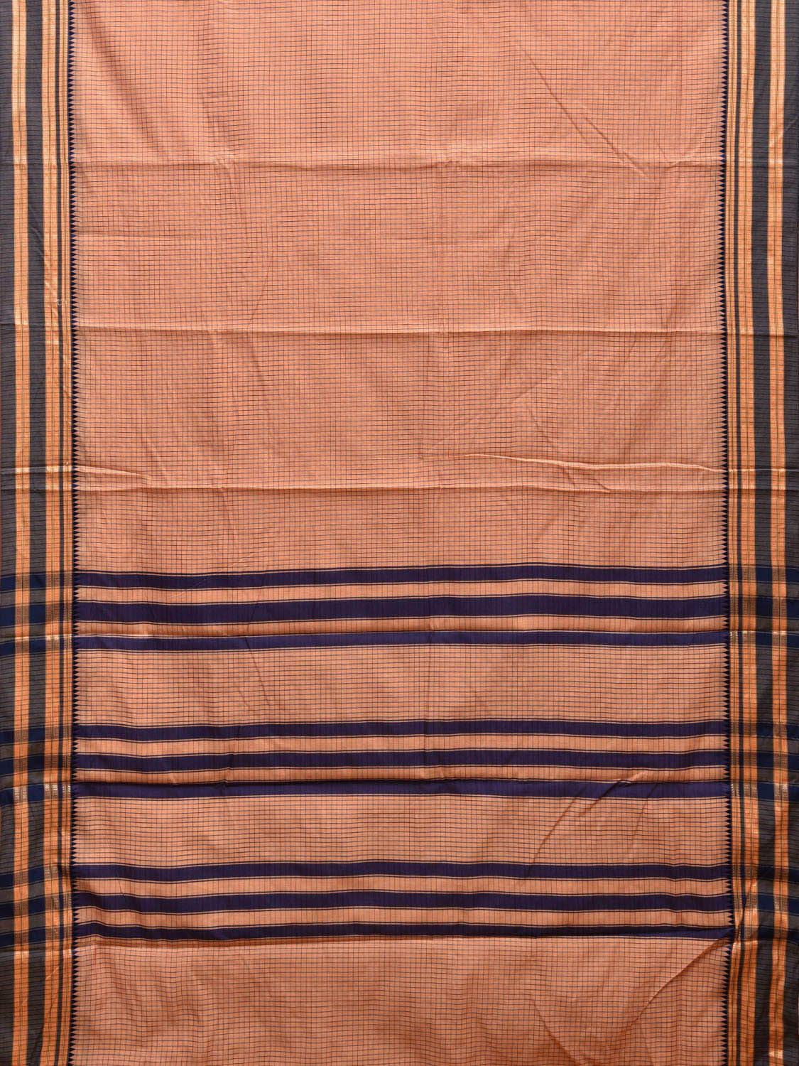 Light Orange and Dark Blue Bamboo Cotton Saree with Checks Design No Blouse bc0433