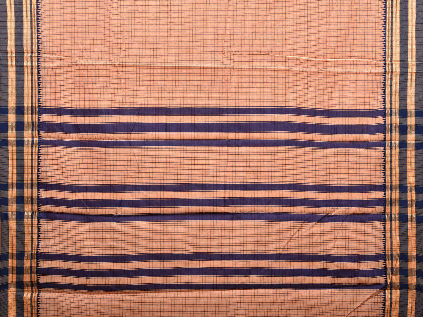 Light Orange and Dark Blue Bamboo Cotton Saree with Checks Design No Blouse bc0433