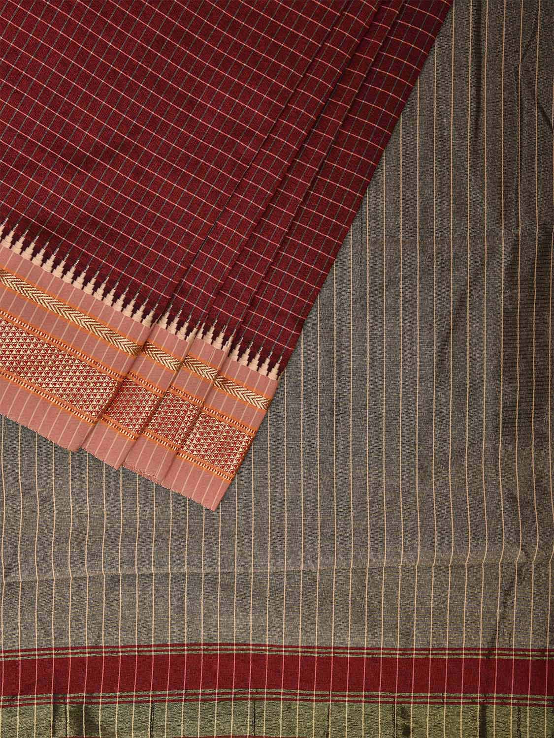 Maroon Bamboo Cotton Viscose Silk Saree with Checks Design No Blouse bc0436