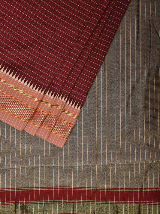Maroon Bamboo Cotton Viscose Silk Saree with Checks Design No Blouse bc0436