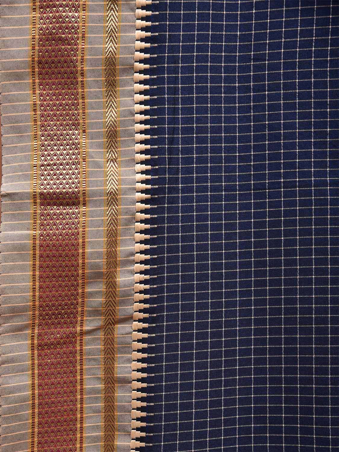 Navy Bamboo Cotton Viscose Silk Saree with Checks Design No Blouse bc0437