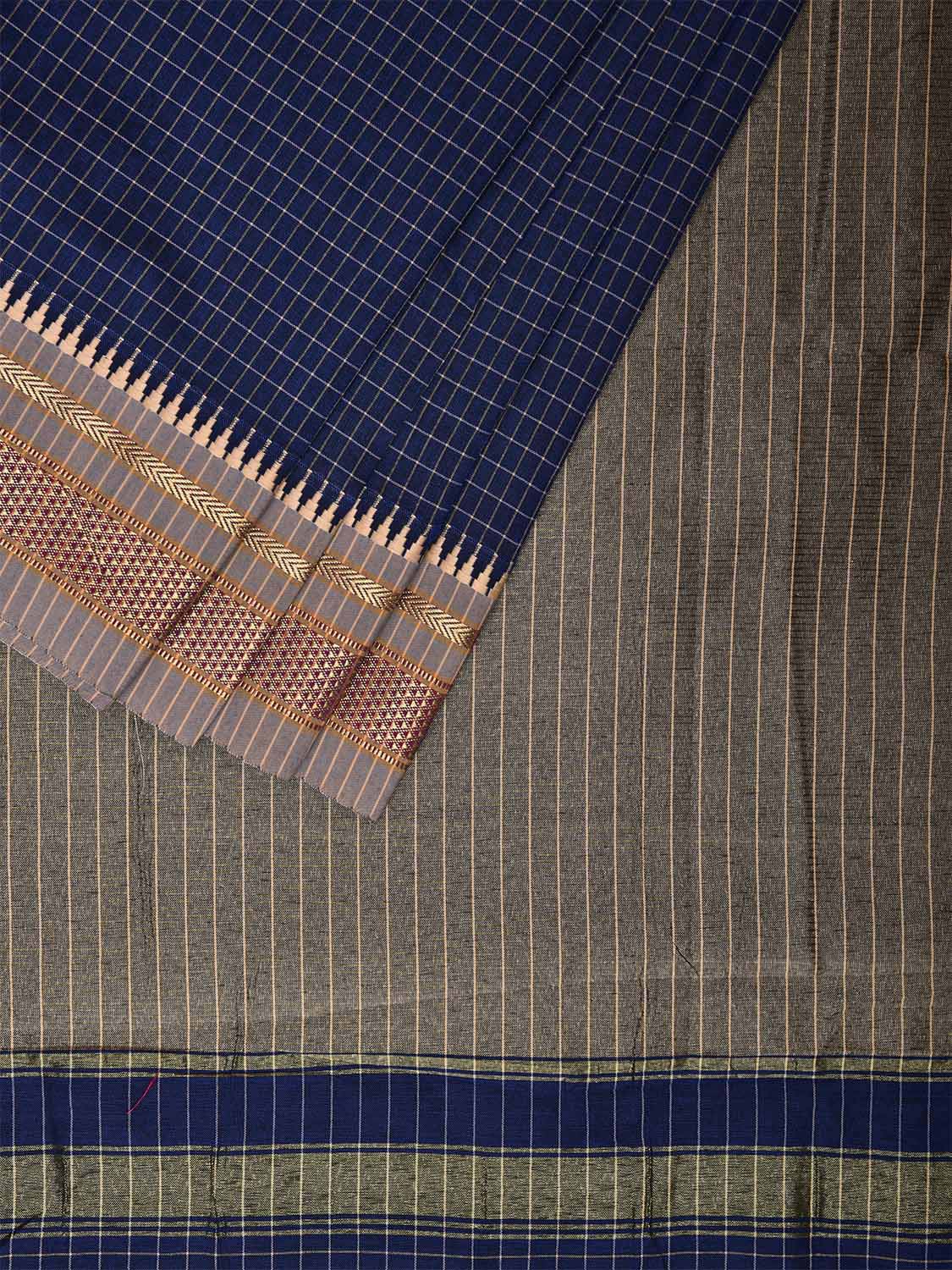 Dark Blue Bamboo Cotton Viscose Silk Saree with Checks Design No Blouse bc0439