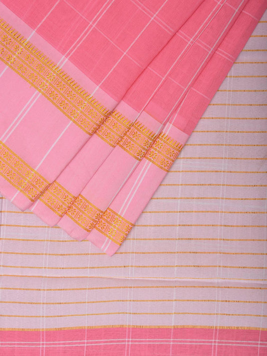 Baby Pink Bamboo Cotton Saree with Big Checks Design No Blouse bc0442