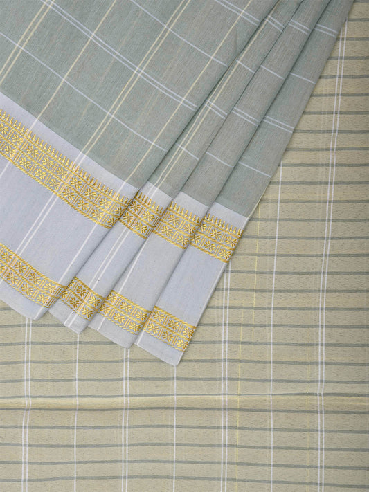 Sea Green Bamboo Cotton Saree with Big Checks Design No Blouse bc0443