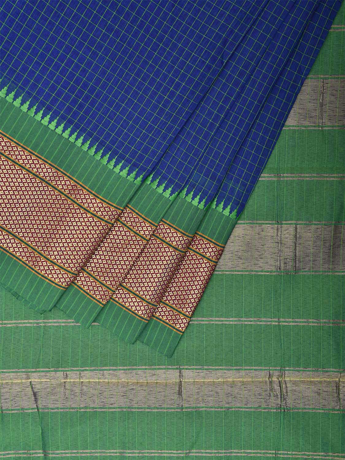 Blue and Green Bamboo Cotton Saree with Checks Design No Blouse bc0445