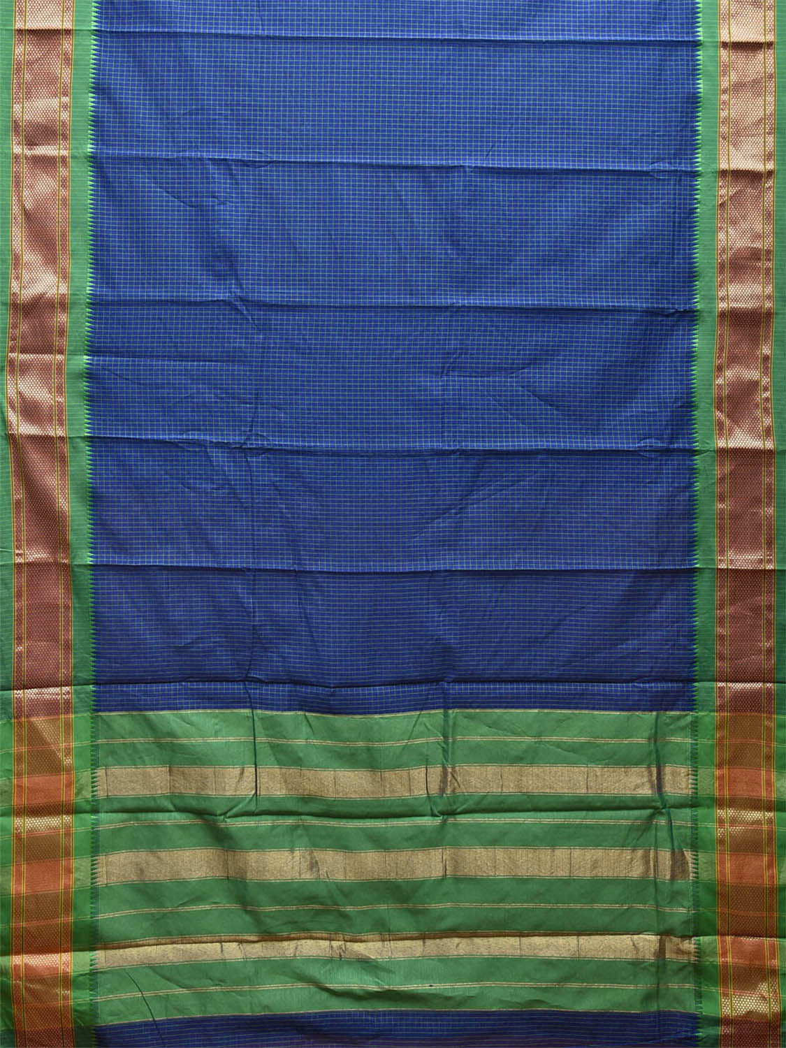 Blue and Green Bamboo Cotton Saree with Checks Design No Blouse bc0445