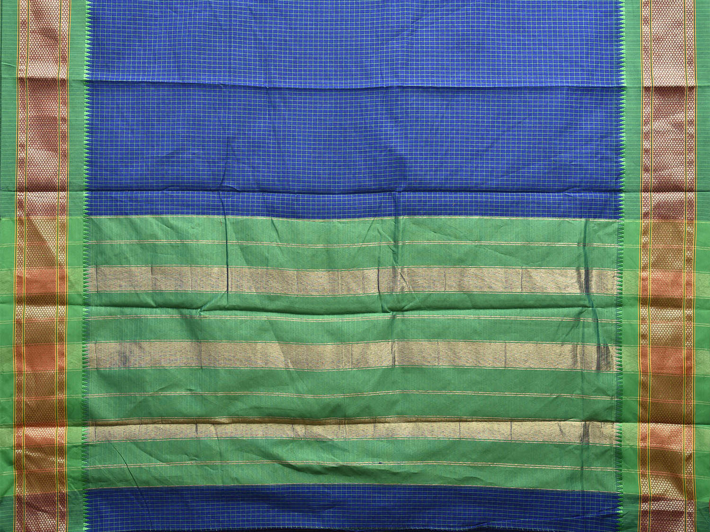Blue and Green Bamboo Cotton Saree with Checks Design No Blouse bc0445