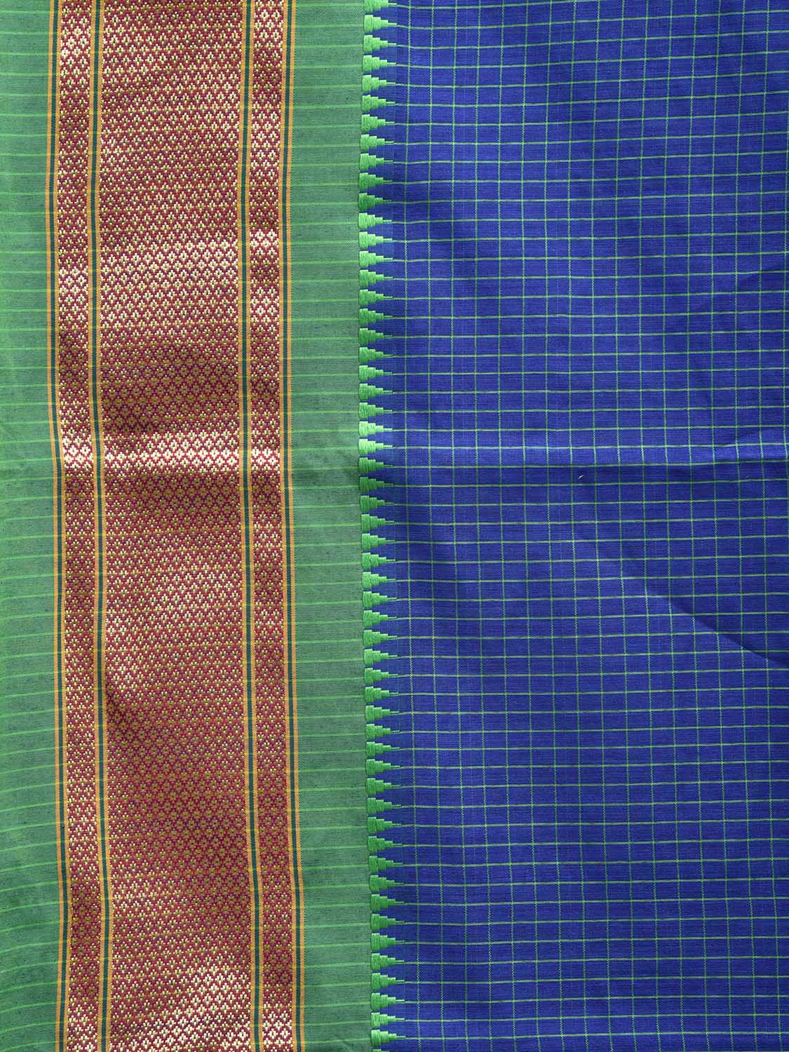 Blue and Green Bamboo Cotton Saree with Checks Design No Blouse bc0445