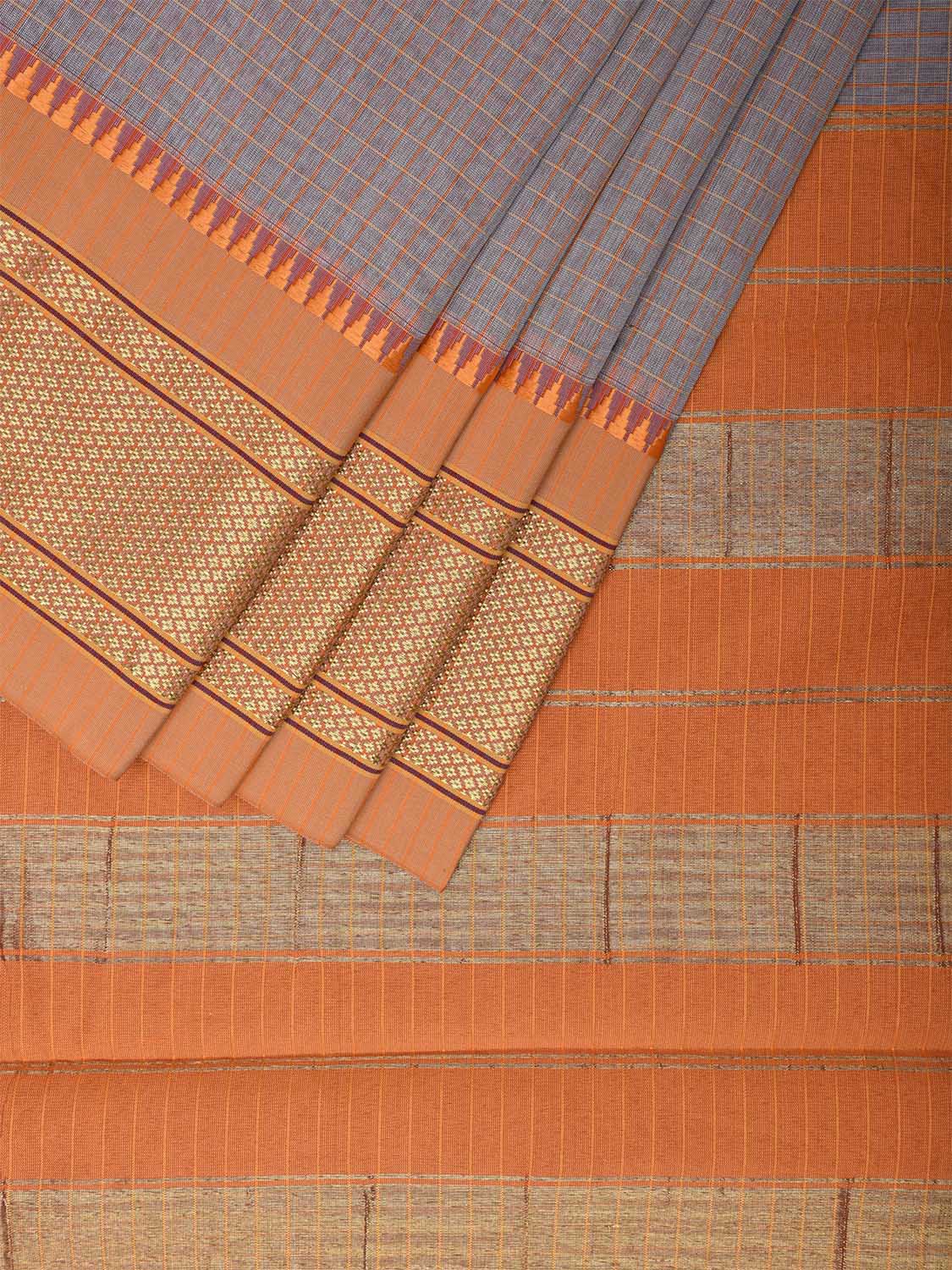 Light Grey and Mustard Bamboo Cotton Saree with Checks Design No Blouse bc0446