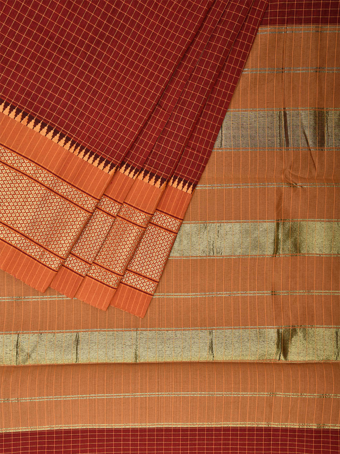Rust and Mustard Bamboo Cotton Saree with Checks Design No Blouse bc0447