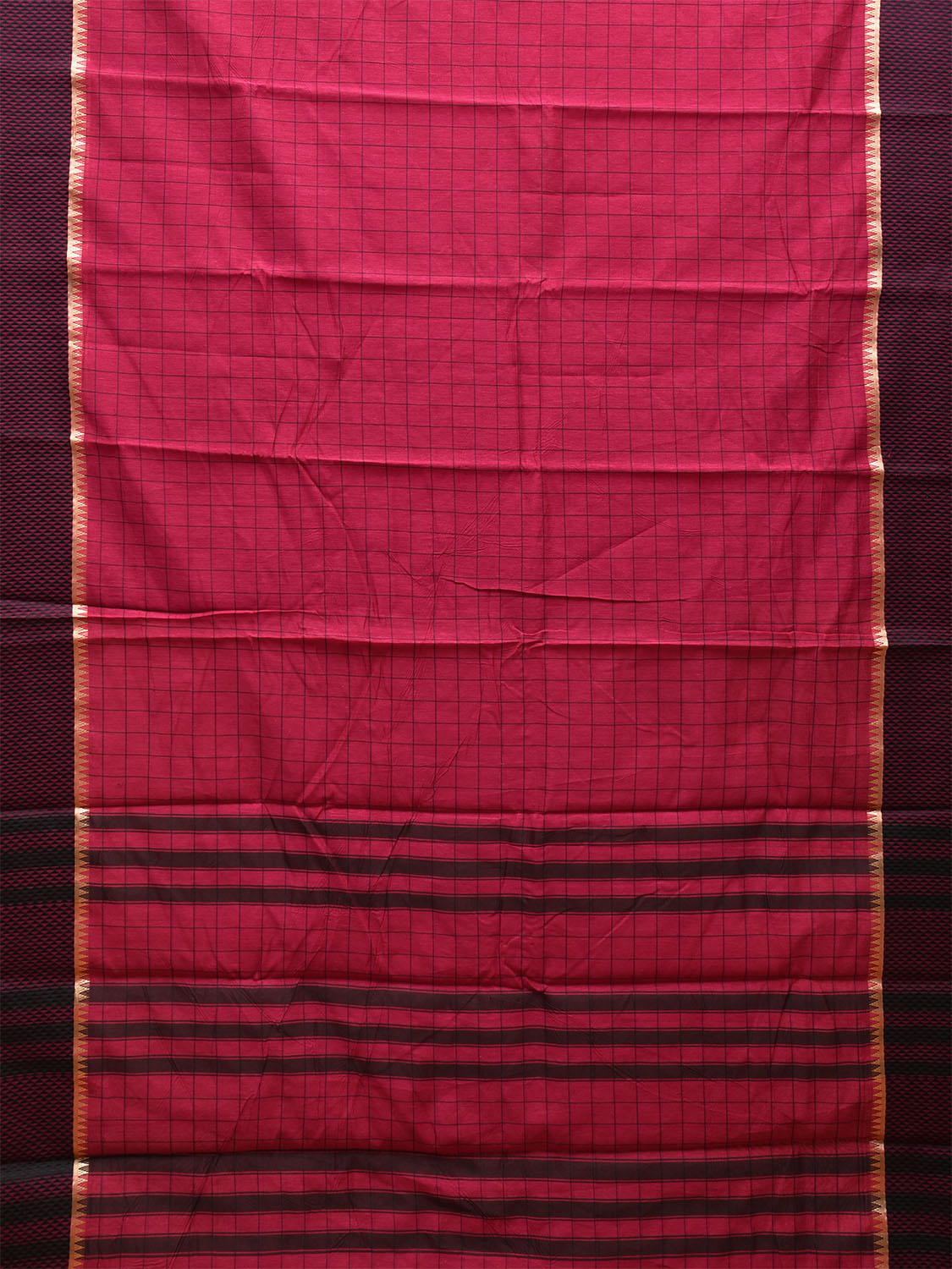 Magenta and Black Bamboo Cotton Saree with Big Checks Design No Blouse bc0449