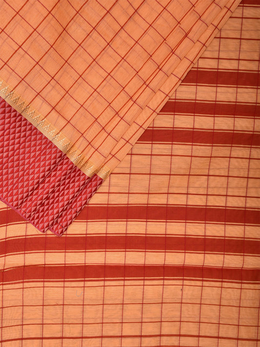Light Orange and Red Bamboo Cotton Saree with Big Checks Design No Blouse bc0450