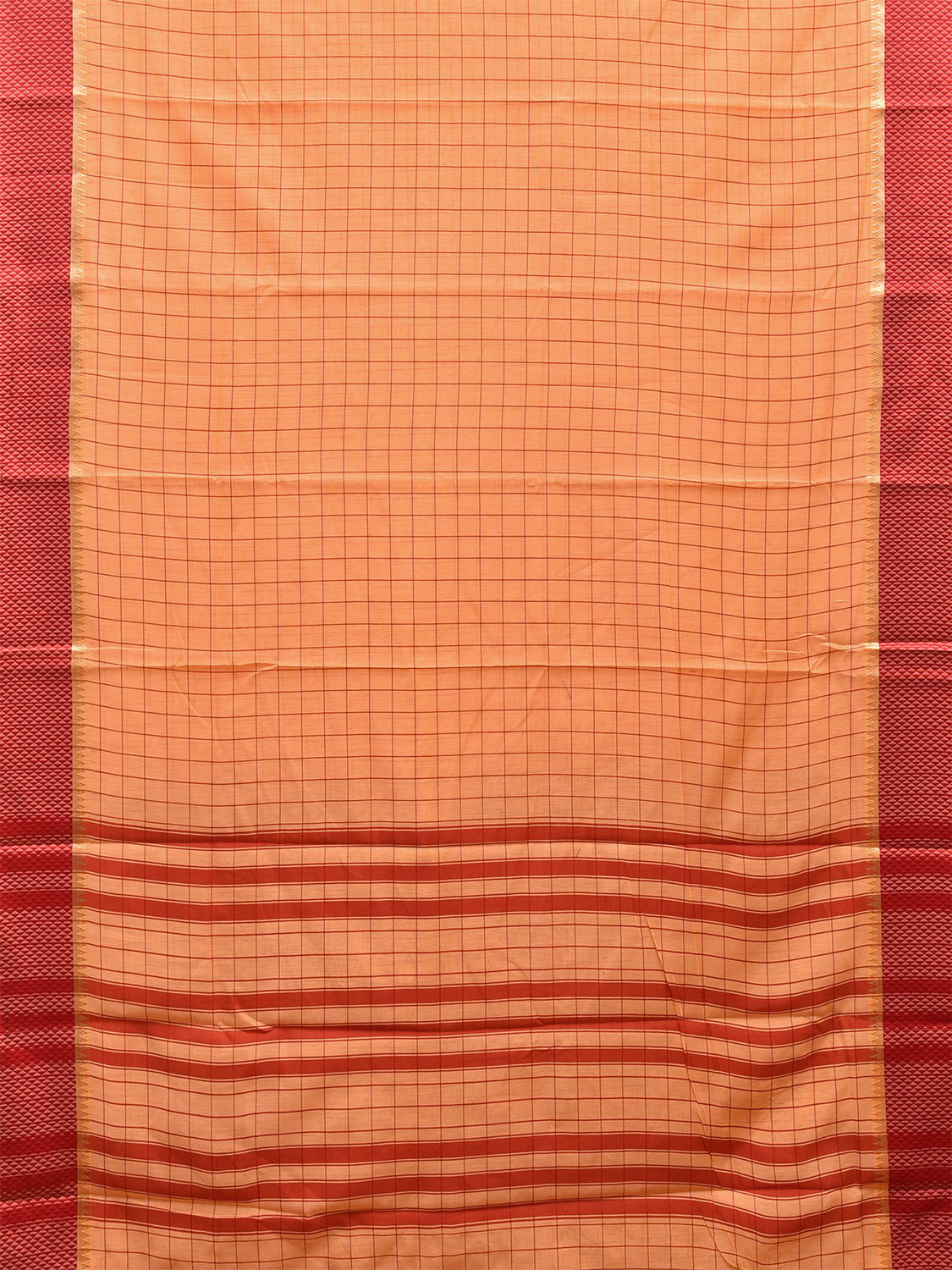 Light Orange and Red Bamboo Cotton Saree with Big Checks Design No Blouse bc0450