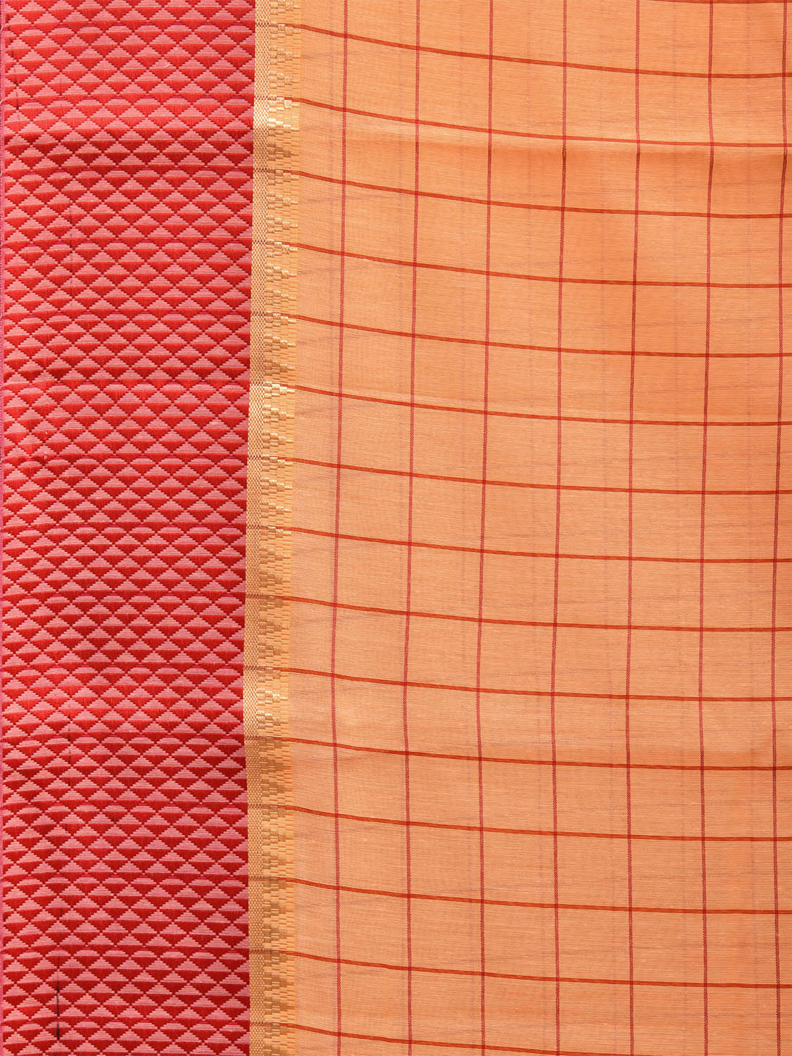 Light Orange and Red Bamboo Cotton Saree with Big Checks Design No Blouse bc0450