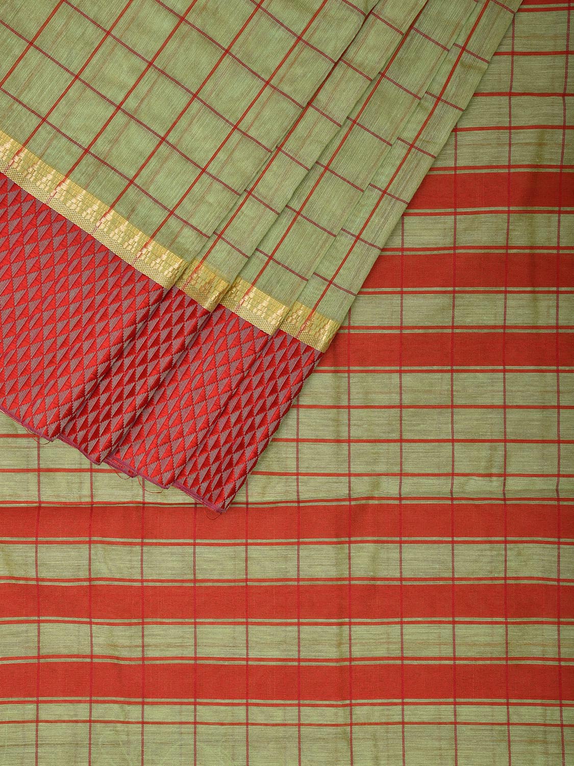 Light Green and Red Bamboo Cotton Saree with Big Checks Design No Blouse bc0453