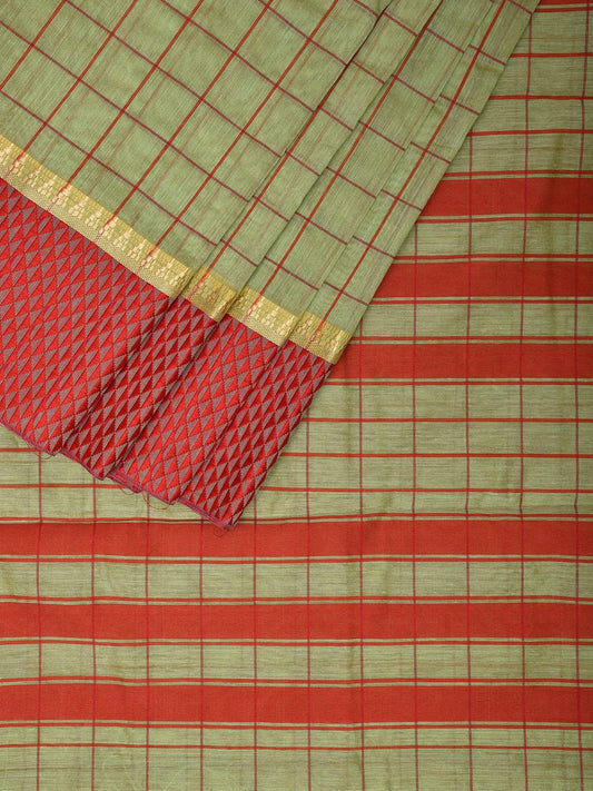 Light Green and Red Bamboo Cotton Saree with Big Checks Design No Blouse bc0453