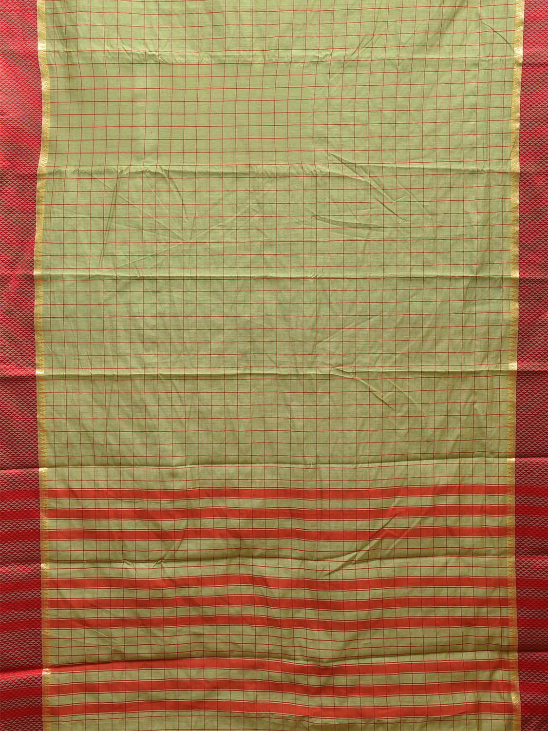 Light Green and Red Bamboo Cotton Saree with Big Checks Design No Blouse bc0453