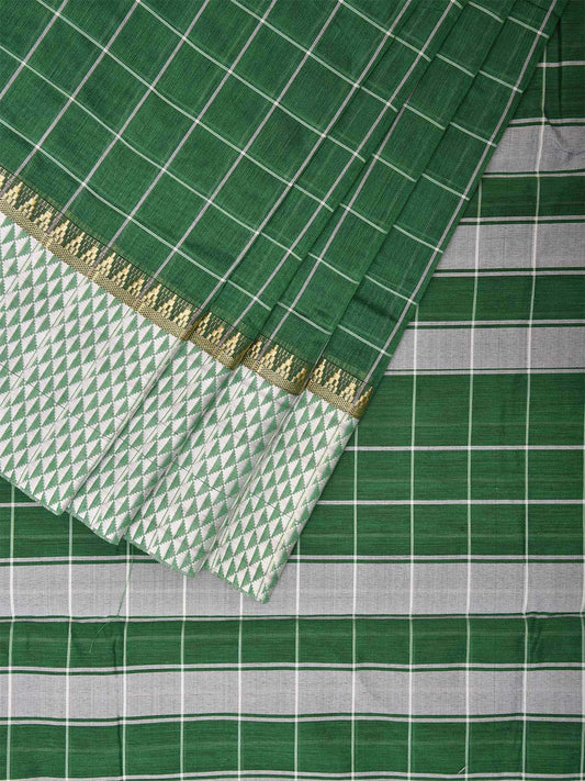 Green and White Bamboo Cotton Saree with Big Checks Design No Blouse bc0454