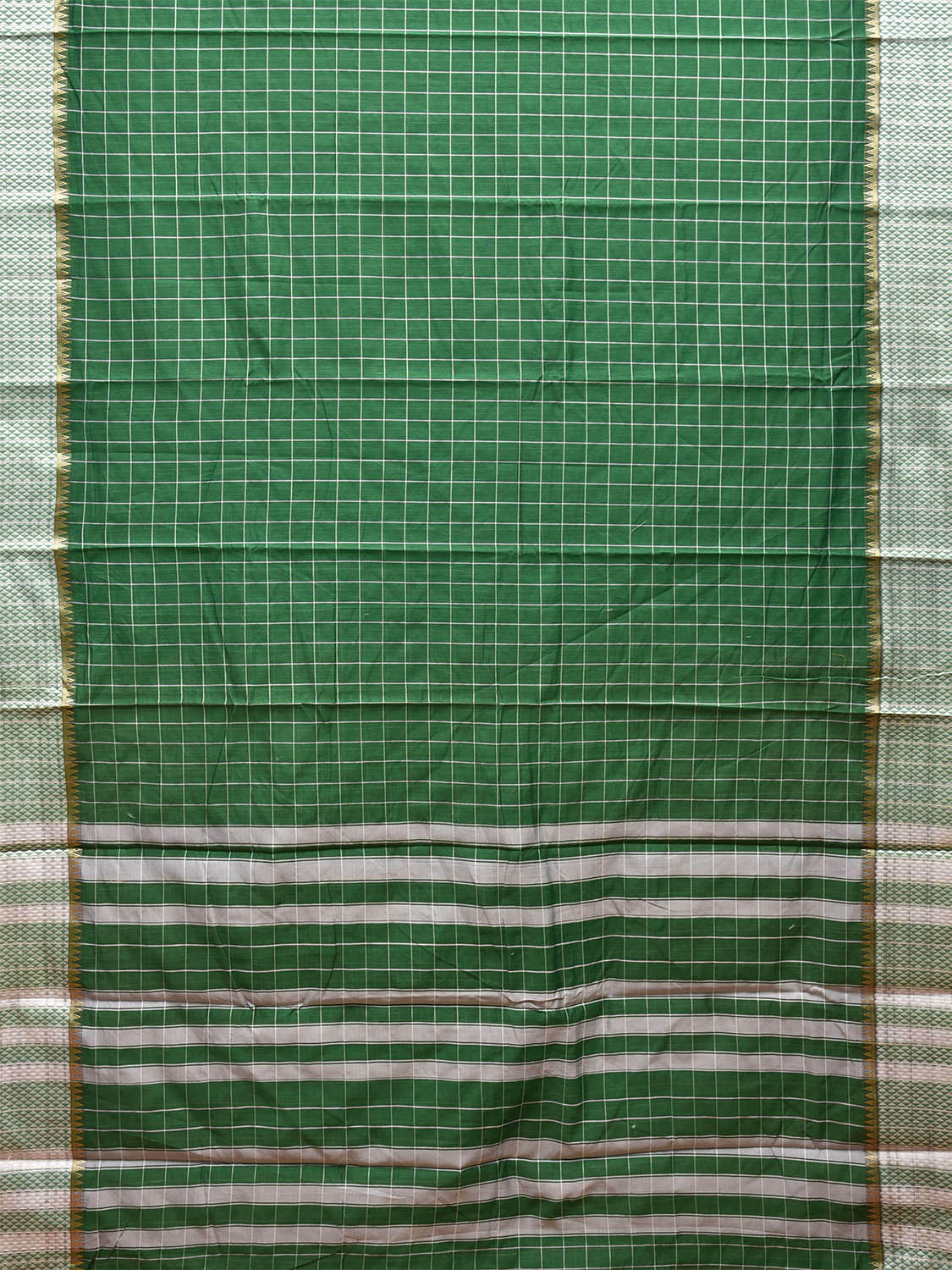 Green and White Bamboo Cotton Saree with Big Checks Design No Blouse bc0454
