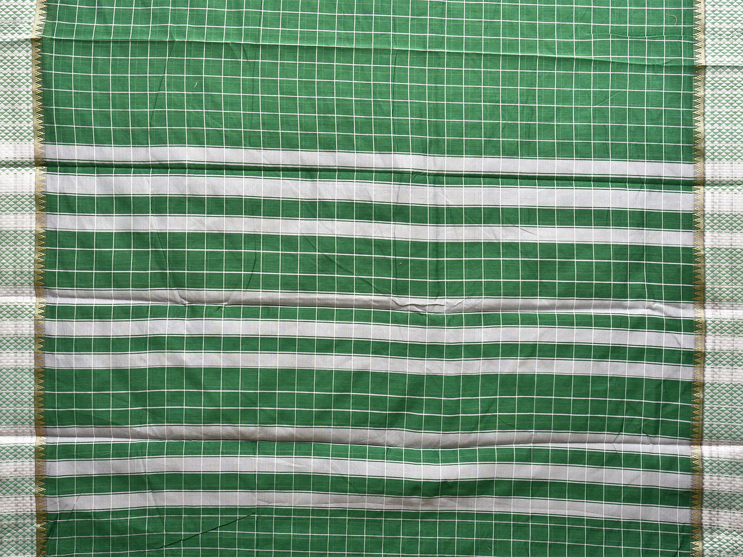 Green and White Bamboo Cotton Saree with Big Checks Design No Blouse bc0454