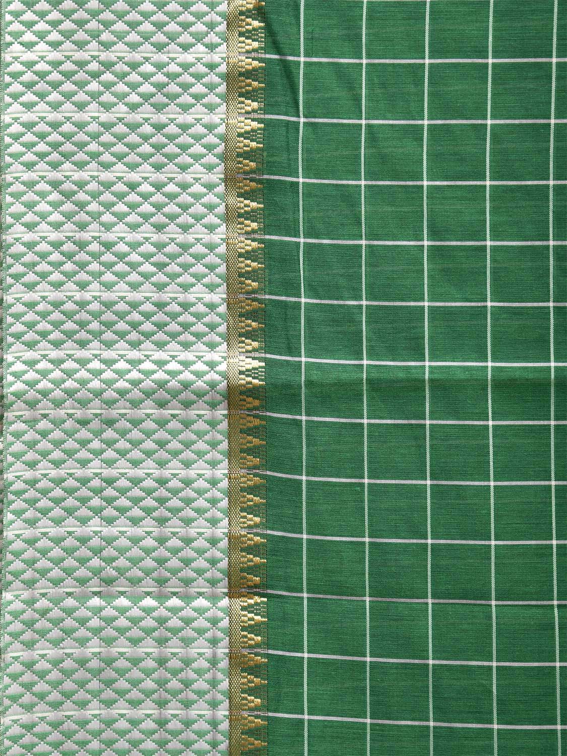 Green and White Bamboo Cotton Saree with Big Checks Design No Blouse bc0454