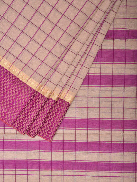 Cream and Pink Bamboo Cotton Saree with Big Checks Design No Blouse bc0455