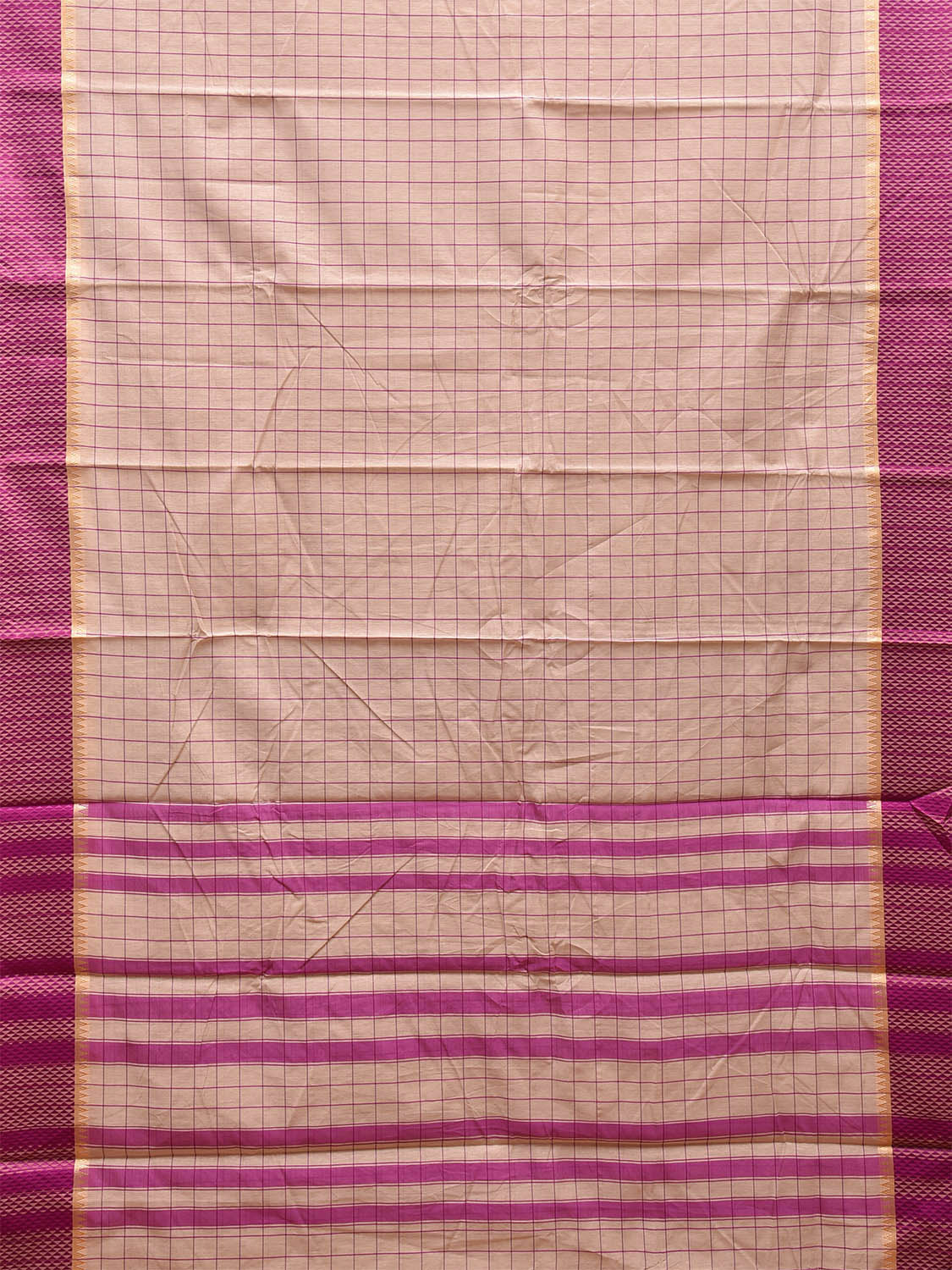 Cream and Pink Bamboo Cotton Saree with Big Checks Design No Blouse bc0455