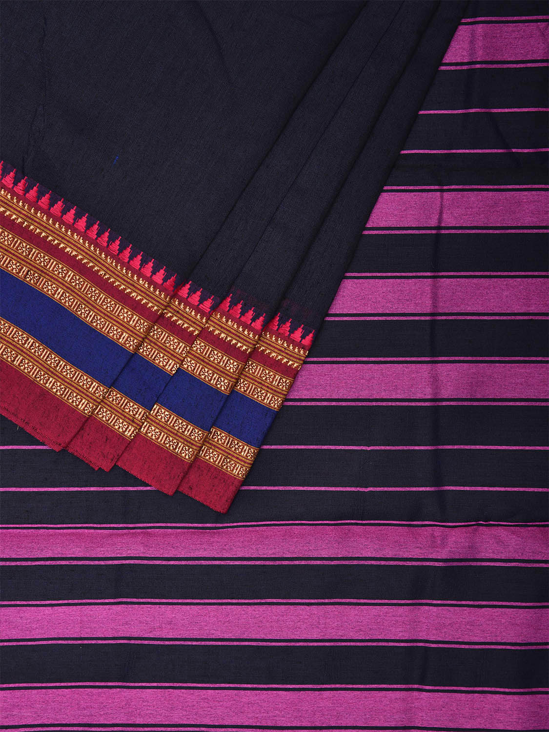 Navy and Pink Bamboo Cotton Plain Saree with Strips Pallu Design No Blouse bc0456