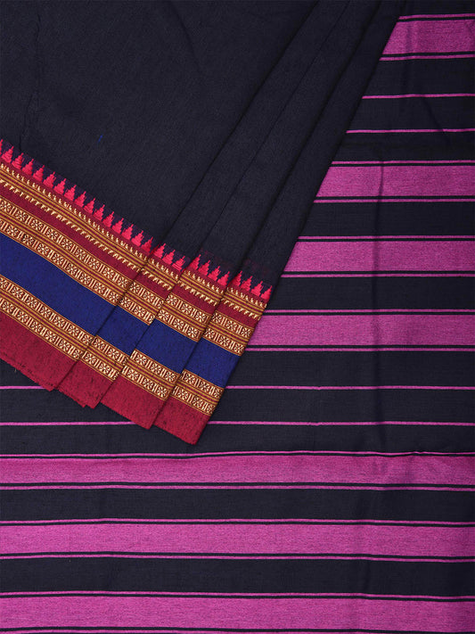 Navy and Pink Bamboo Cotton Plain Saree with Strips Pallu Design No Blouse bc0456