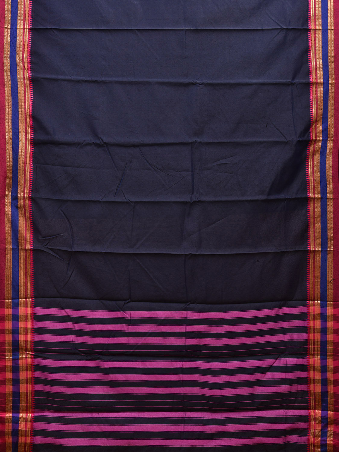 Navy and Pink Bamboo Cotton Plain Saree with Strips Pallu Design No Blouse bc0456