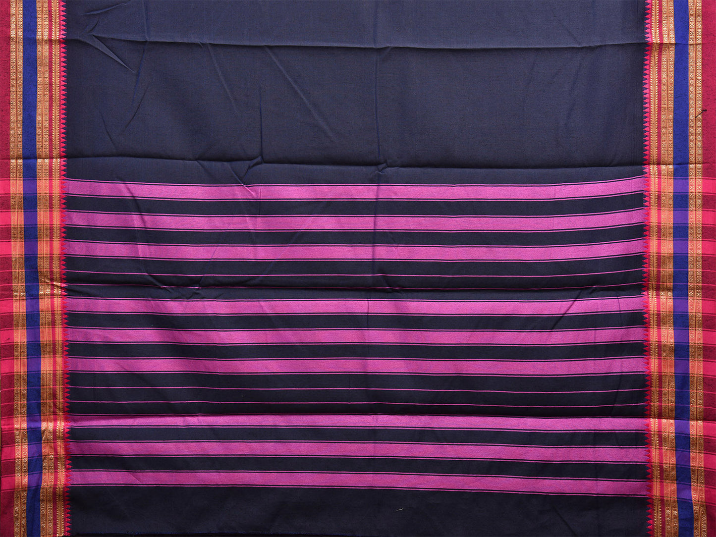 Navy and Pink Bamboo Cotton Plain Saree with Strips Pallu Design No Blouse bc0456