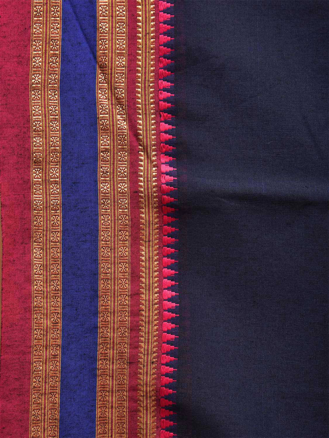 Navy and Pink Bamboo Cotton Plain Saree with Strips Pallu Design No Blouse bc0456