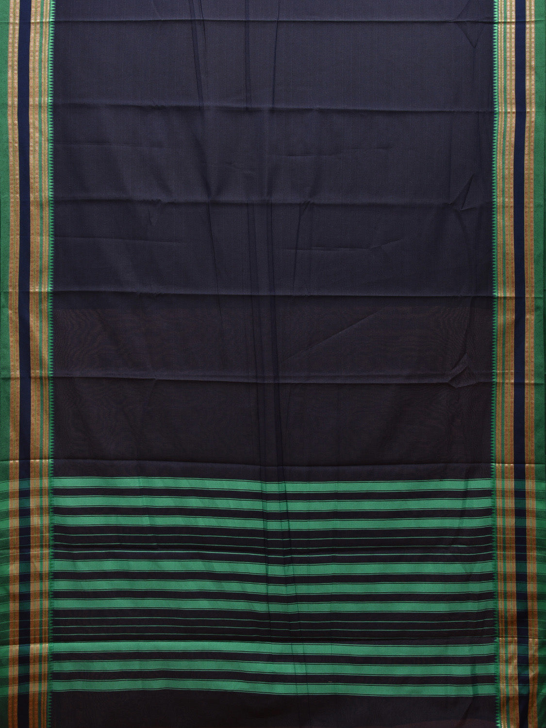 Navy and Turquoise Bamboo Cotton Plain Saree with Strips Pallu Design No Blouse bc0457