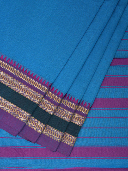 Blue and Purple Bamboo Cotton Plain Saree with Strips Pallu Design No Blouse bc0458