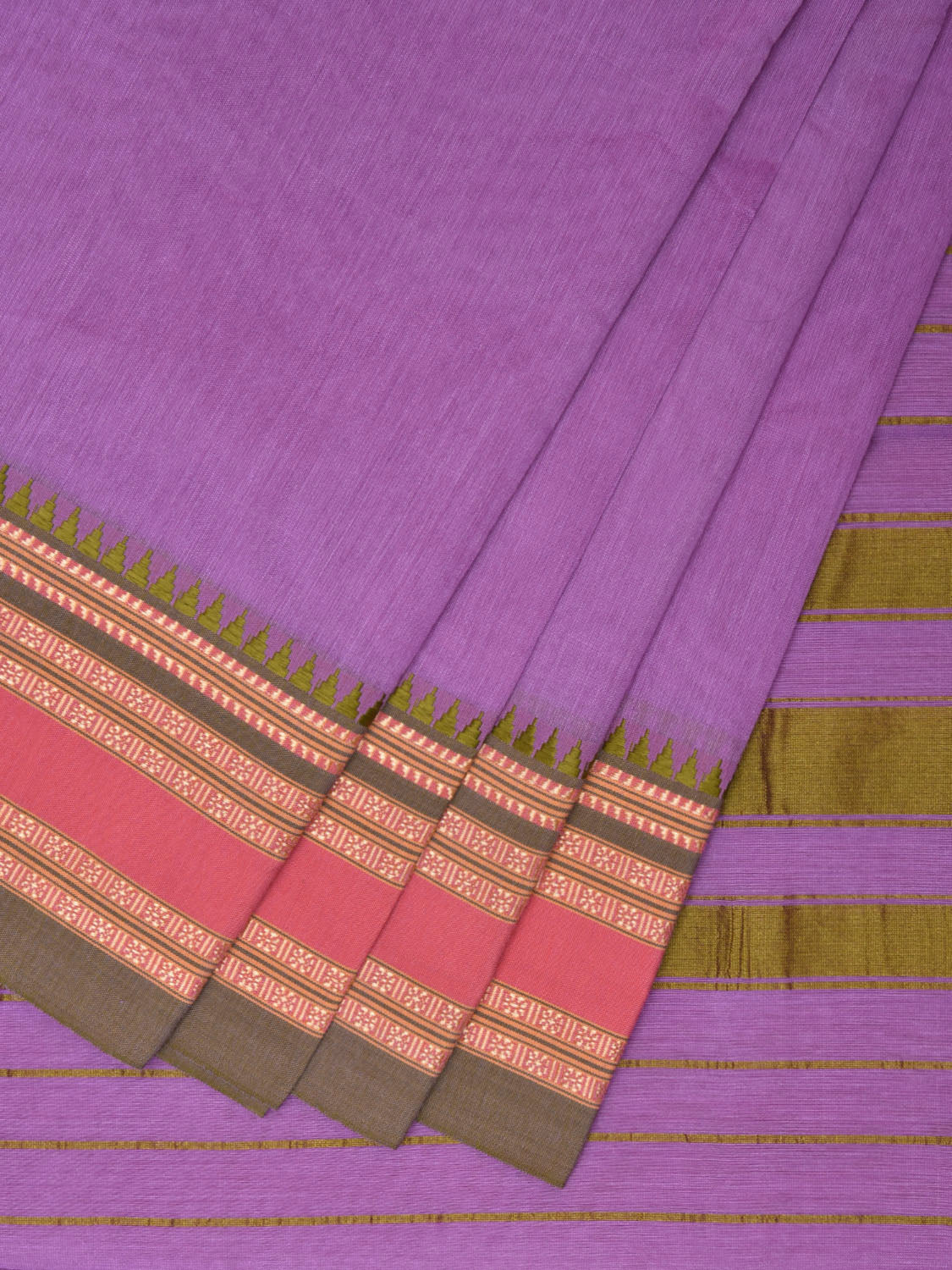 Lavender and Green Bamboo Cotton Plain Saree with Strips Pallu Design No Blouse bc0459