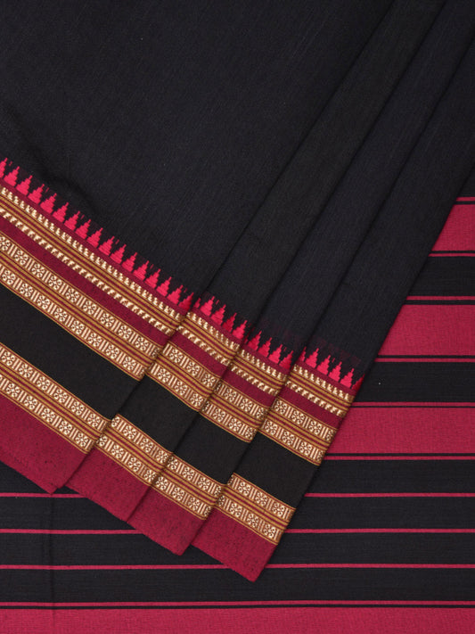 Black and Pink Bamboo Cotton Plain Saree with Strips Pallu Design No Blouse bc0460