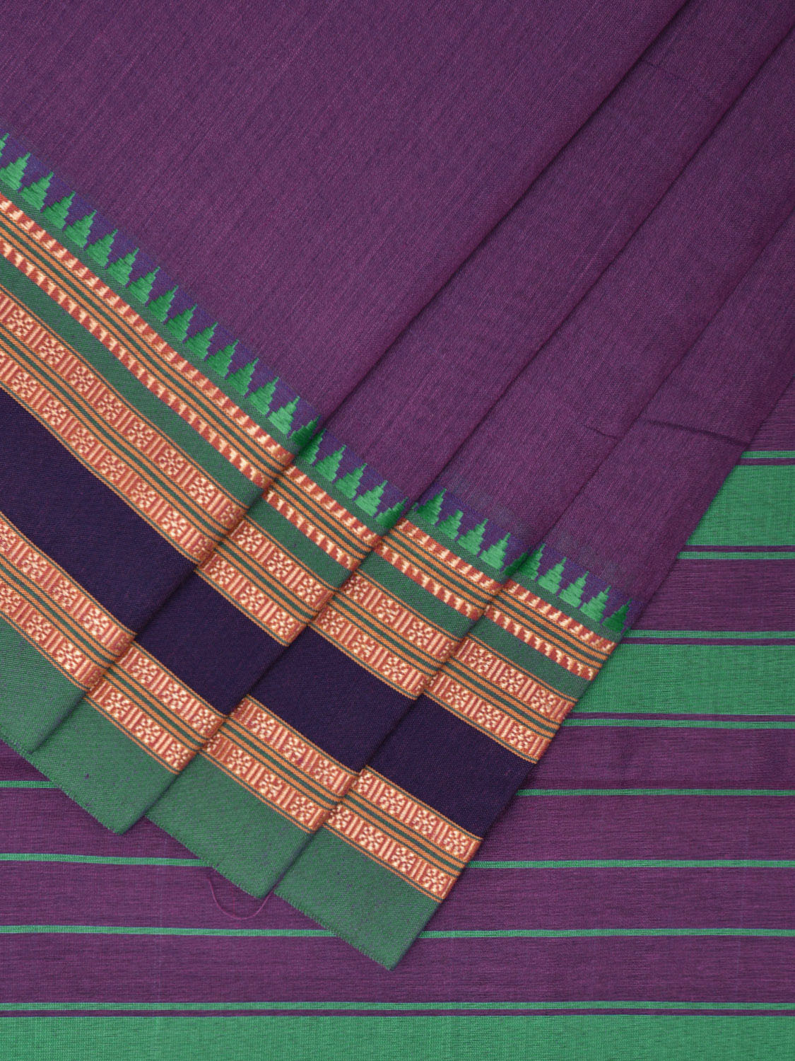 Purple and Turquoise Bamboo Cotton Plain Saree with Strips Pallu Design No Blouse bc0461