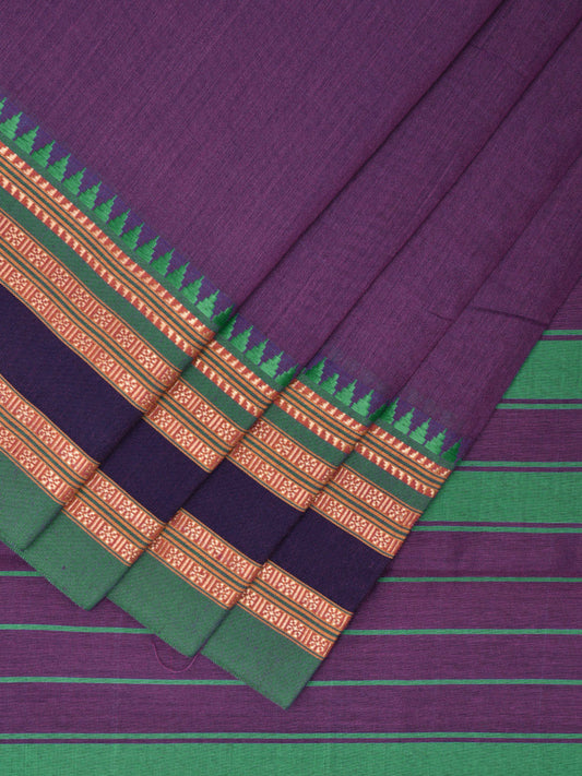 Purple and Turquoise Bamboo Cotton Plain Saree with Strips Pallu Design No Blouse bc0461